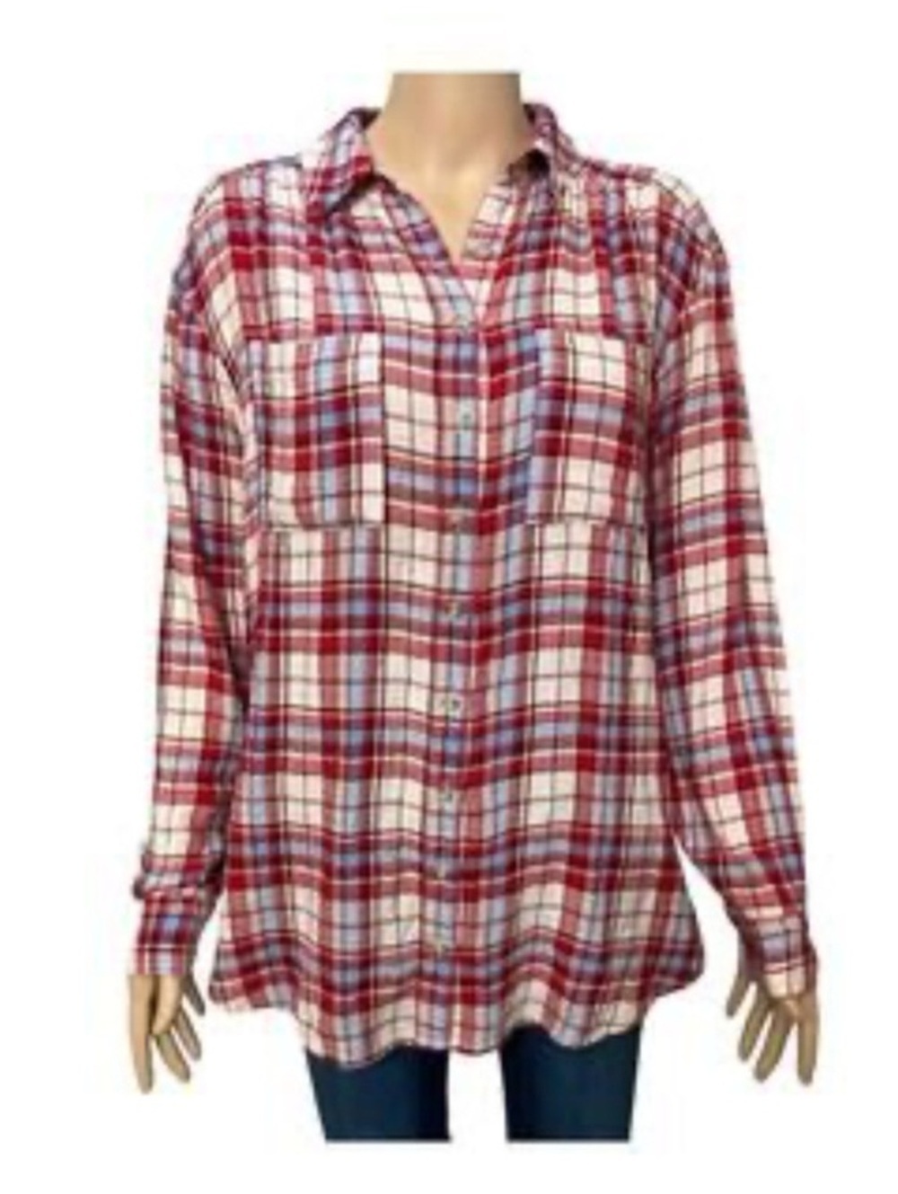 Pilcro Red and White Plaid Long Sleeve oversized flowy Button-Up Shirt